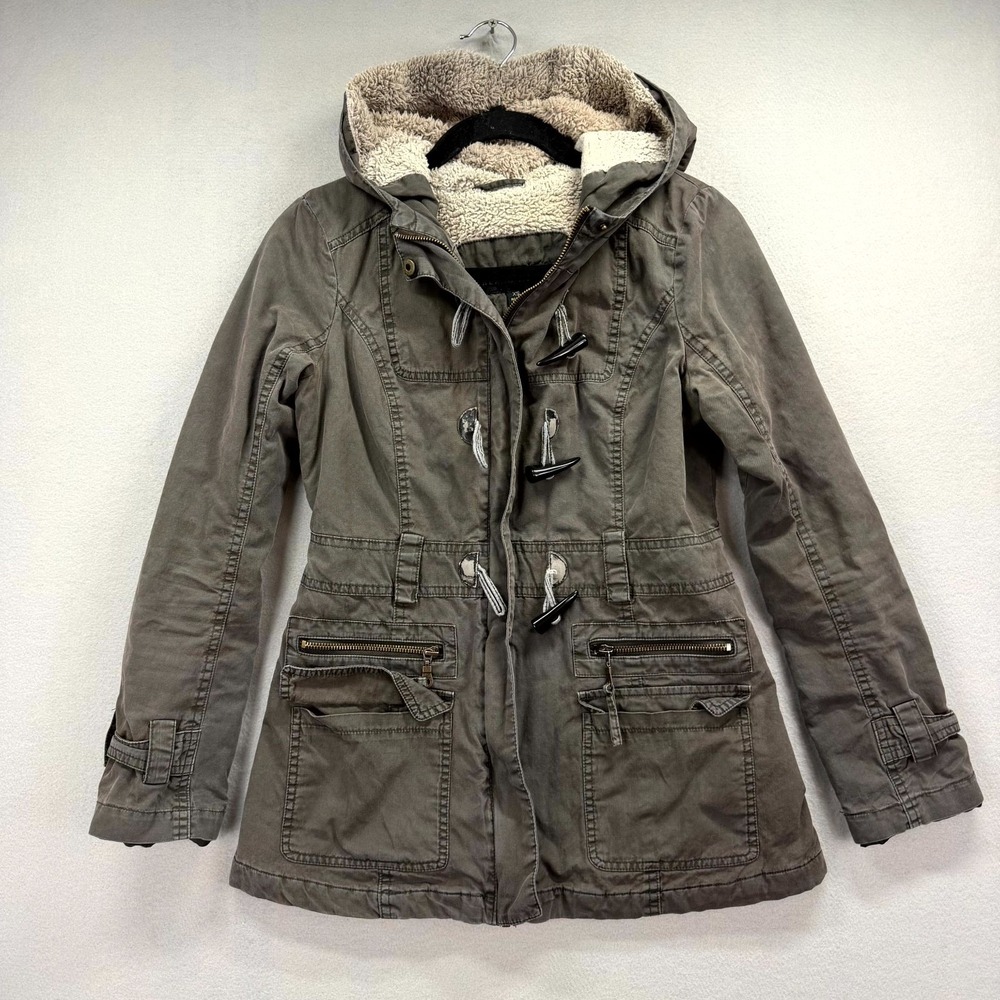 Black Noir Utility Jacket Womens XS Army Green Hooded Toggle Button Military